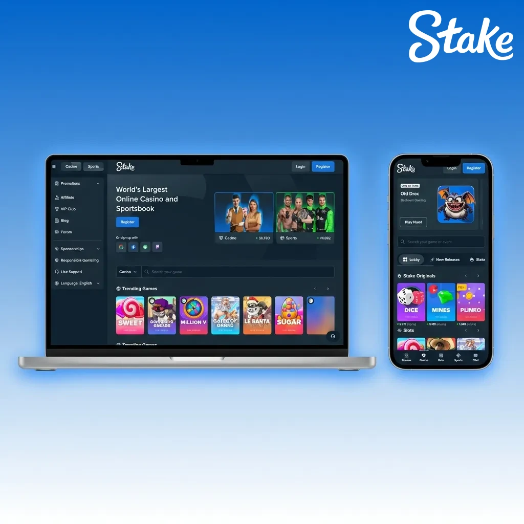 Interfaz web de Stake con menú en español mostrando deportes, casino, juegos en vivo y promociones en diseño minimalista