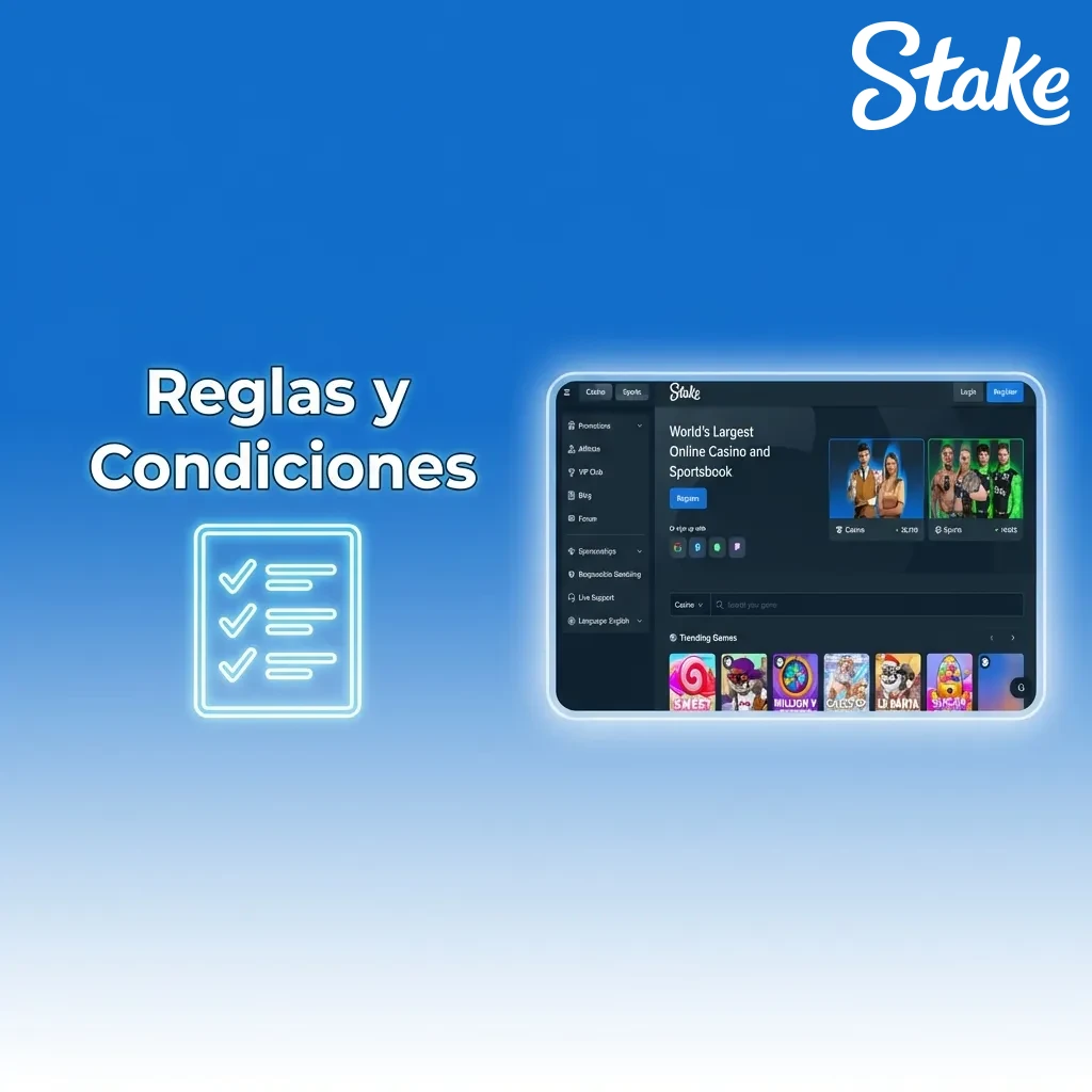 Stake.com rules and conditions page showing age requirements, account limits, and verification rules for Argentine users
