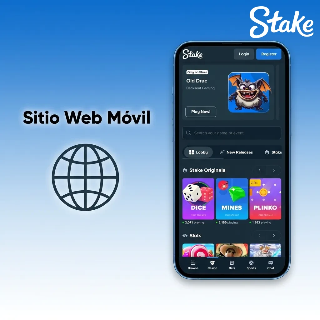 Stake mobile website displaying casino and sportsbook interface on smartphone with dark mode enabled